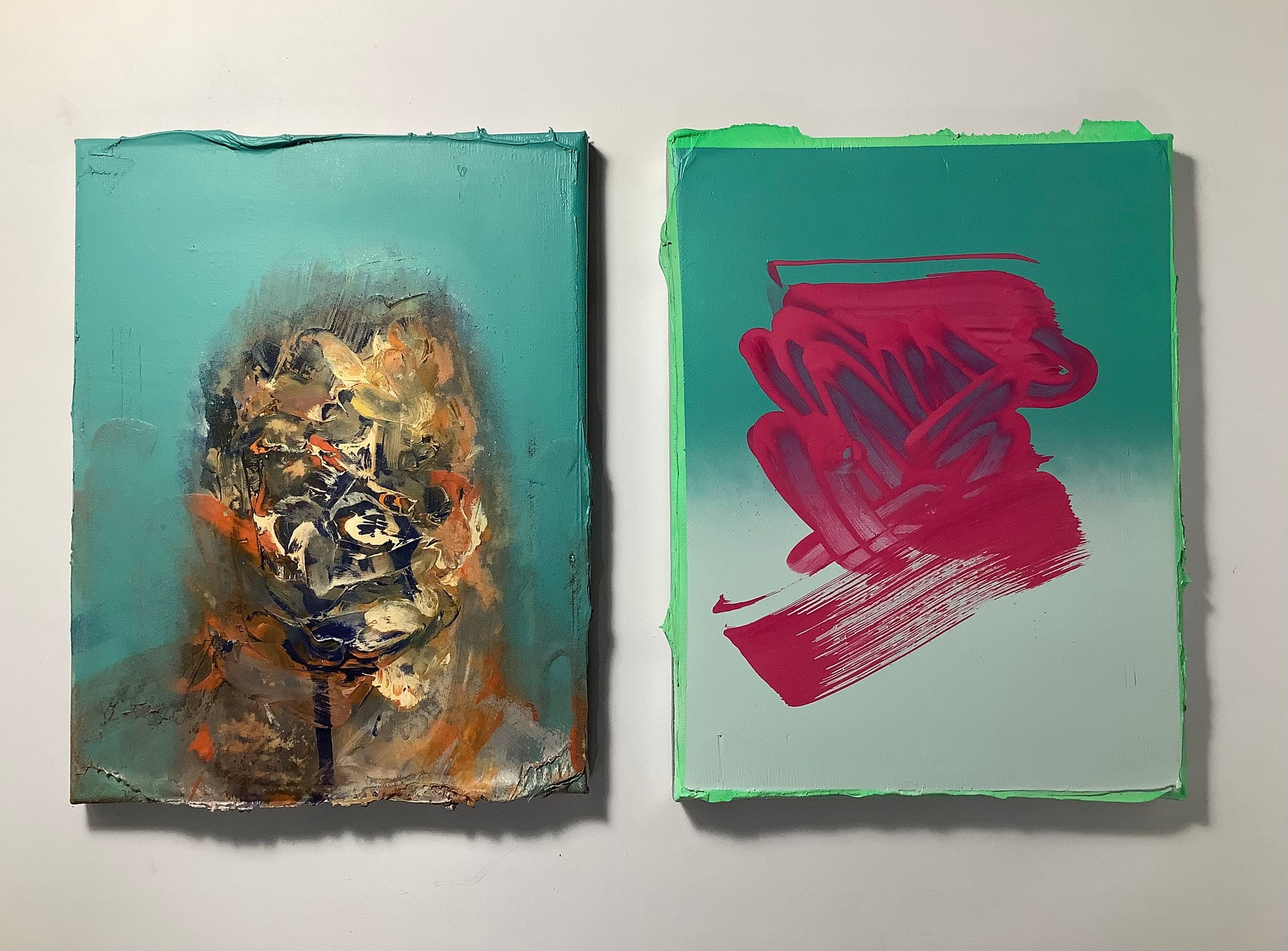 Kim Wan, 'Left: ‘Portrait (Malachite)’; Right: ‘Neon Green, Malachite, Terre Verre Light, Brilliant Pink’, 2024